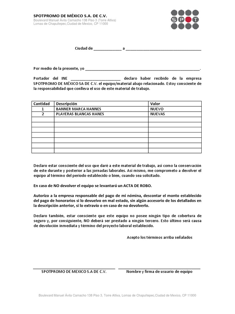 Carta responsiva materiales herramientas hanes pdf pdf
