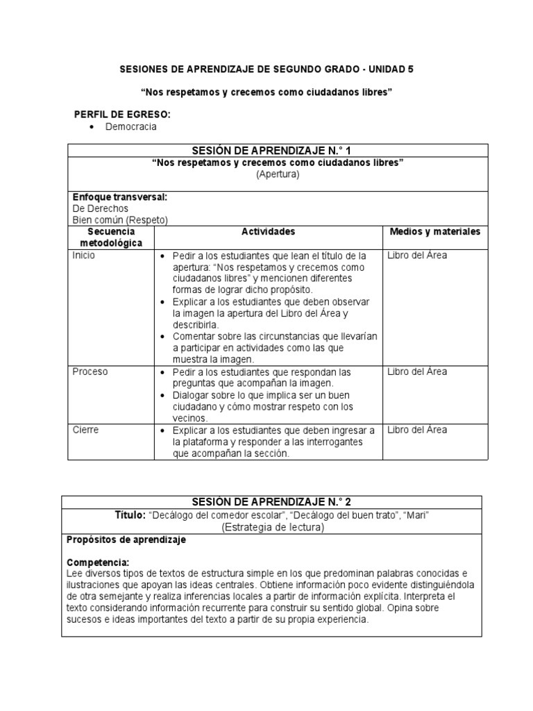 Sesiones de Aprendizaje para Segundo Grado | PDF | Aprendizaje ...