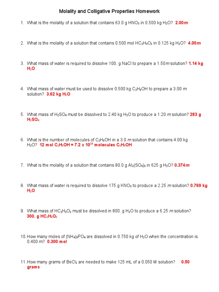 Molality And Colligative Properties Homework Chemistry Pdf Mole
