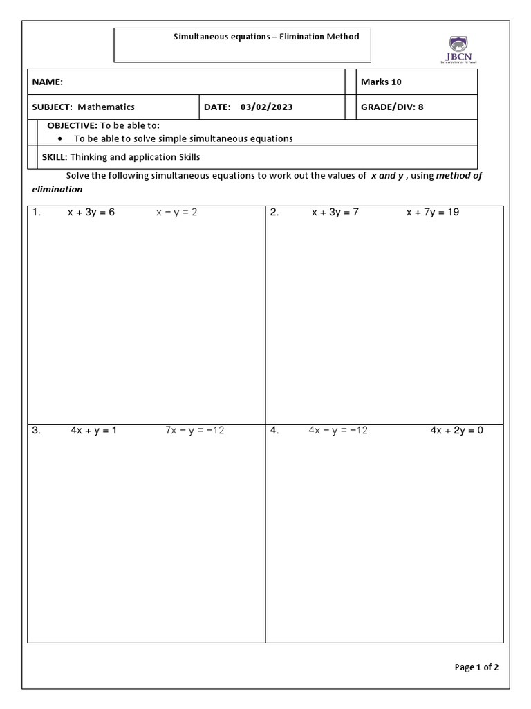 Elimination Method for Simultaneous Equations | PDF