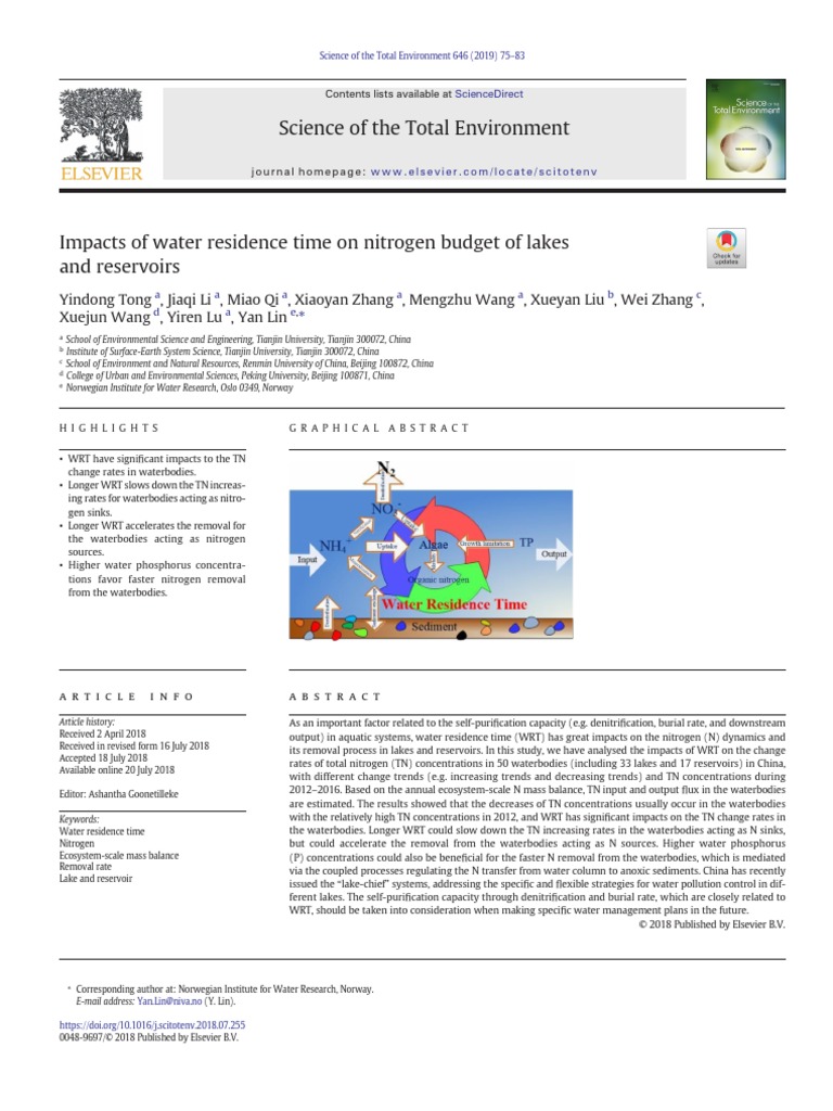 Impacts of Water Residence Time On Nitrogen Budget of Lakes and