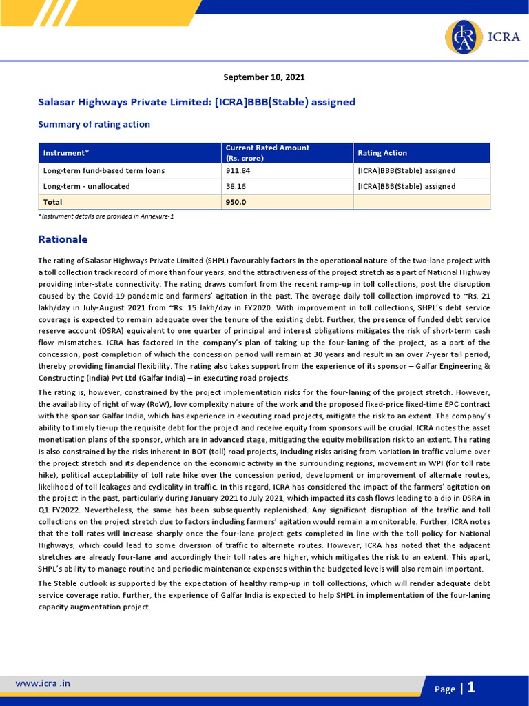Salasar Highways Private Limited PDF Toll Road Debt