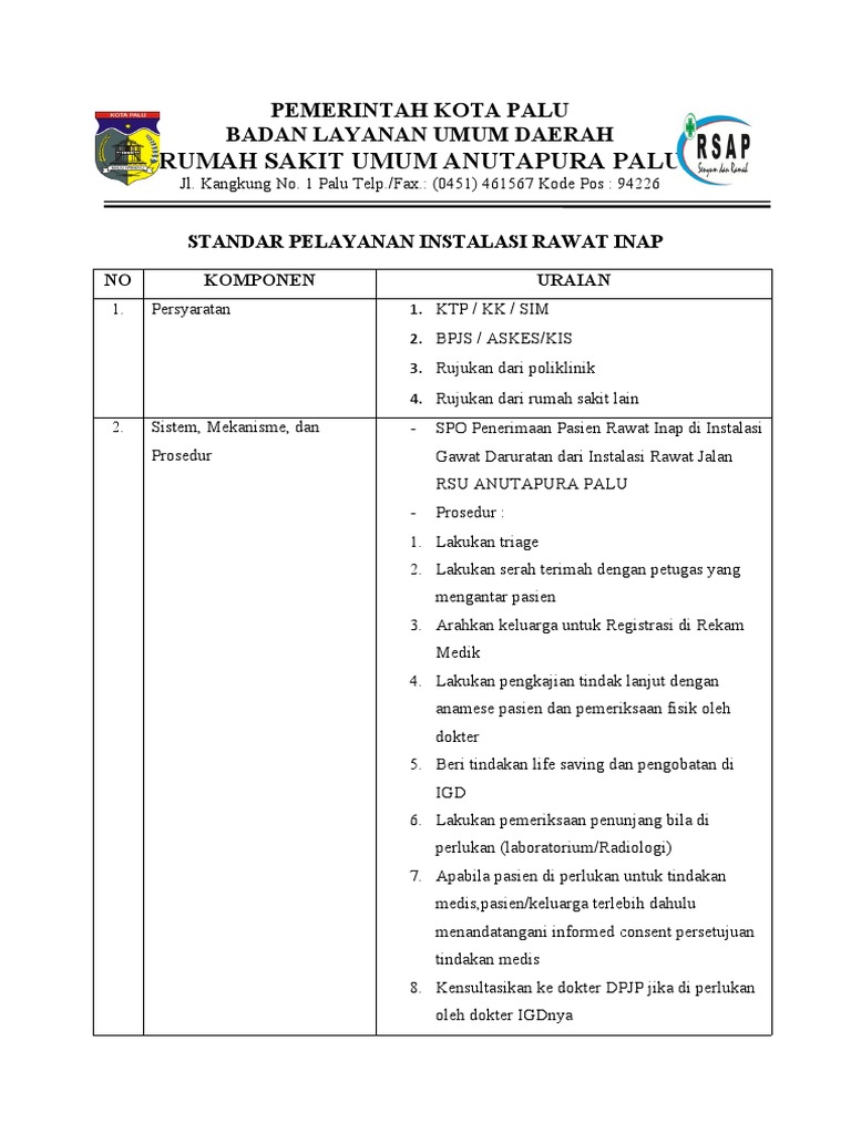 Standar Pelayanan Instalasi Rawat Inap | PDF