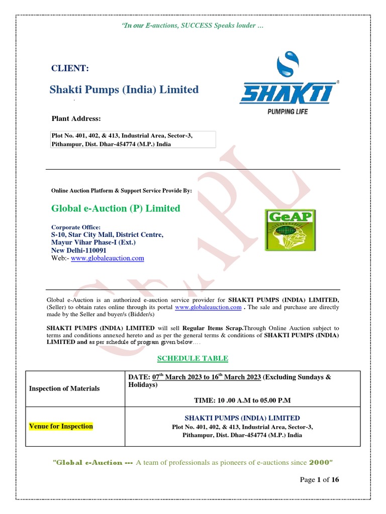 EAuction Catalog of Shakti Pumps (India) Limited Pithampur M.P For
