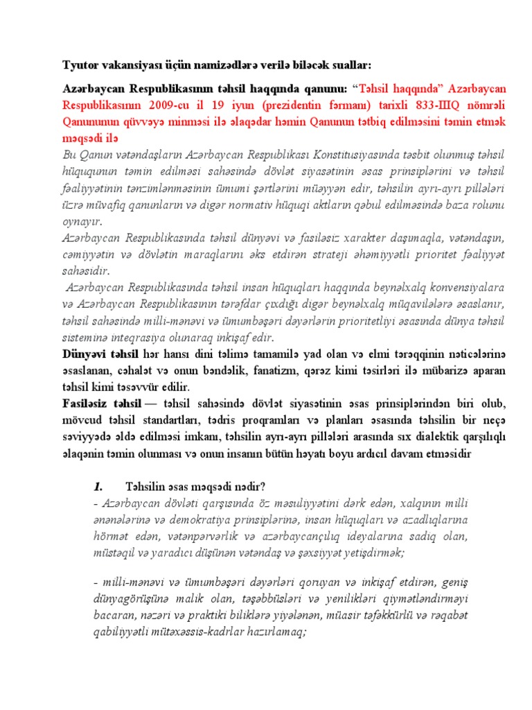 Tyutor Vakansiyası Üçün Namizədlərə Verilə Biləcək Suallar | PDF