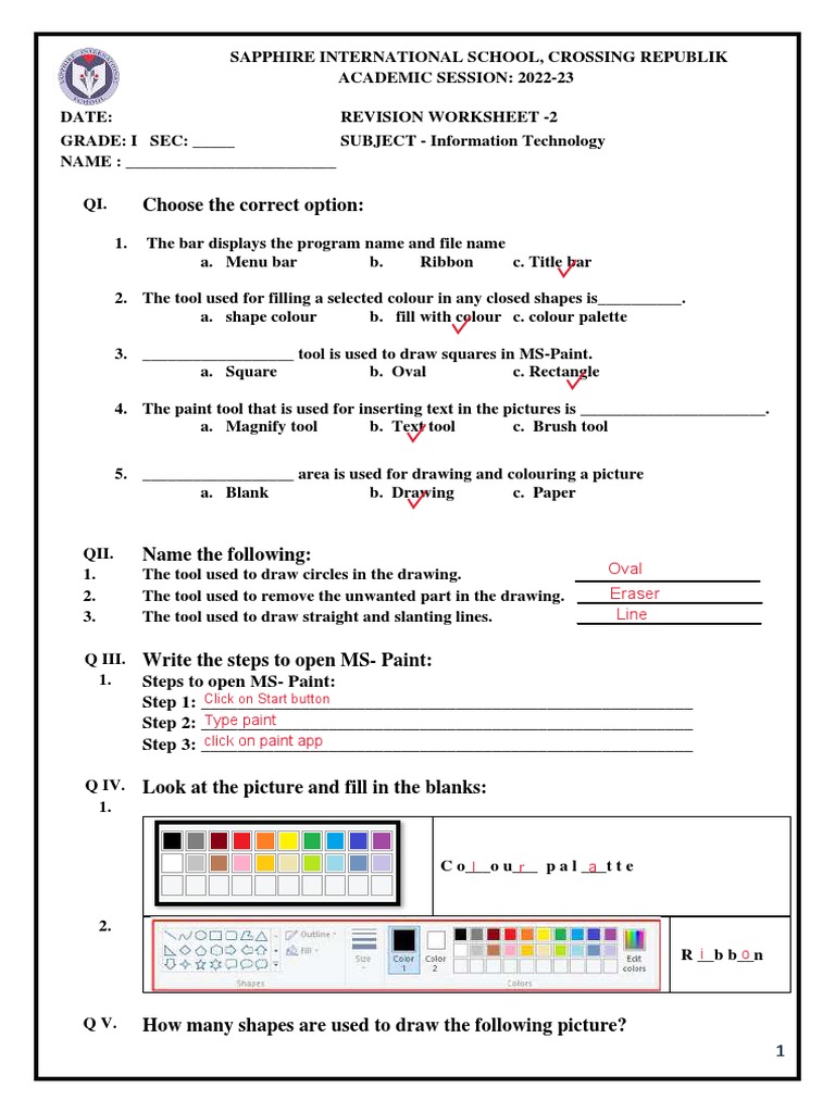 Grade 1 MS Paint Tools Worksheet | PDF | Software | Computing