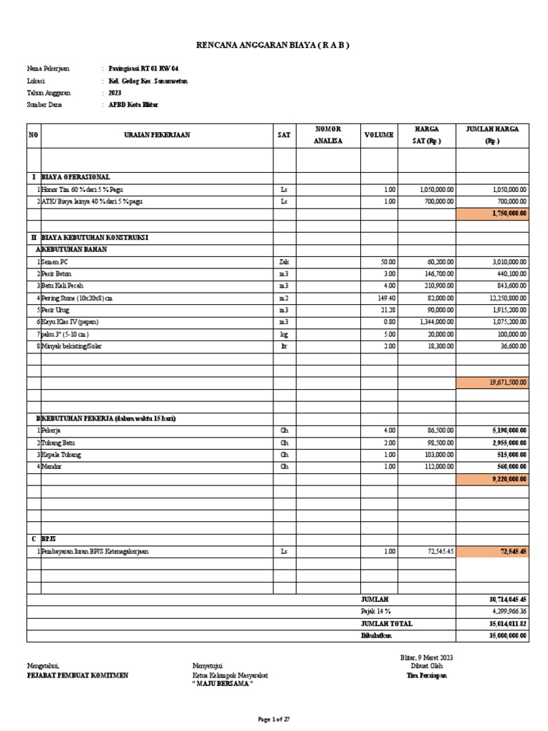 RAB Pavingisasi RT 01 RW 04 2023 | PDF