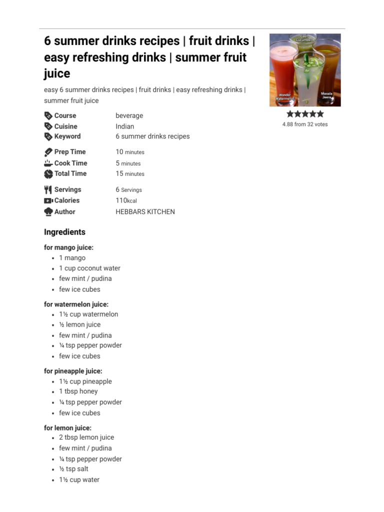 6 Summer Drinks Recipes Fruit Drinks Easy Refreshing Drinks