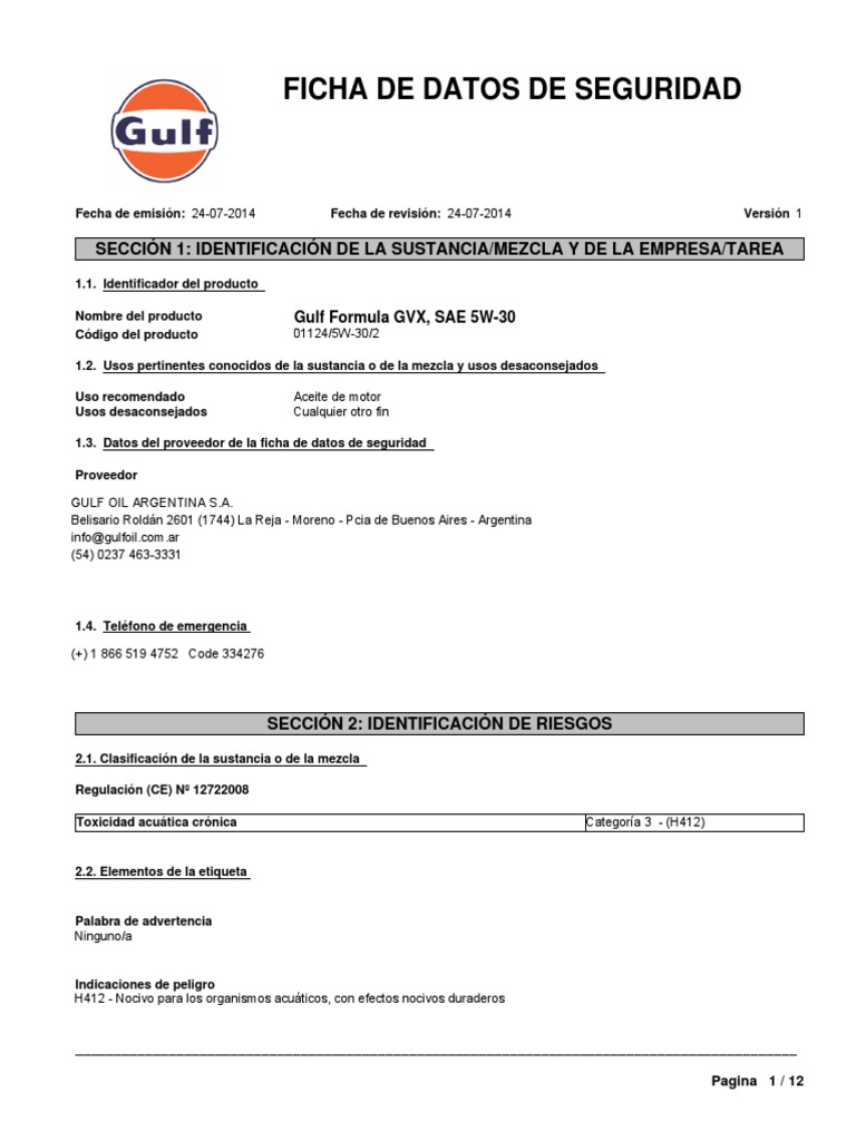 MSDS Gulf Formula GVX, SAE 5W30 PDF Agua Residuos