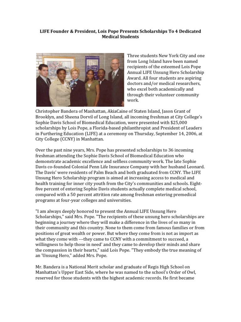 LIFE Founder & President, Lois Pope Presents Scholarships to 4