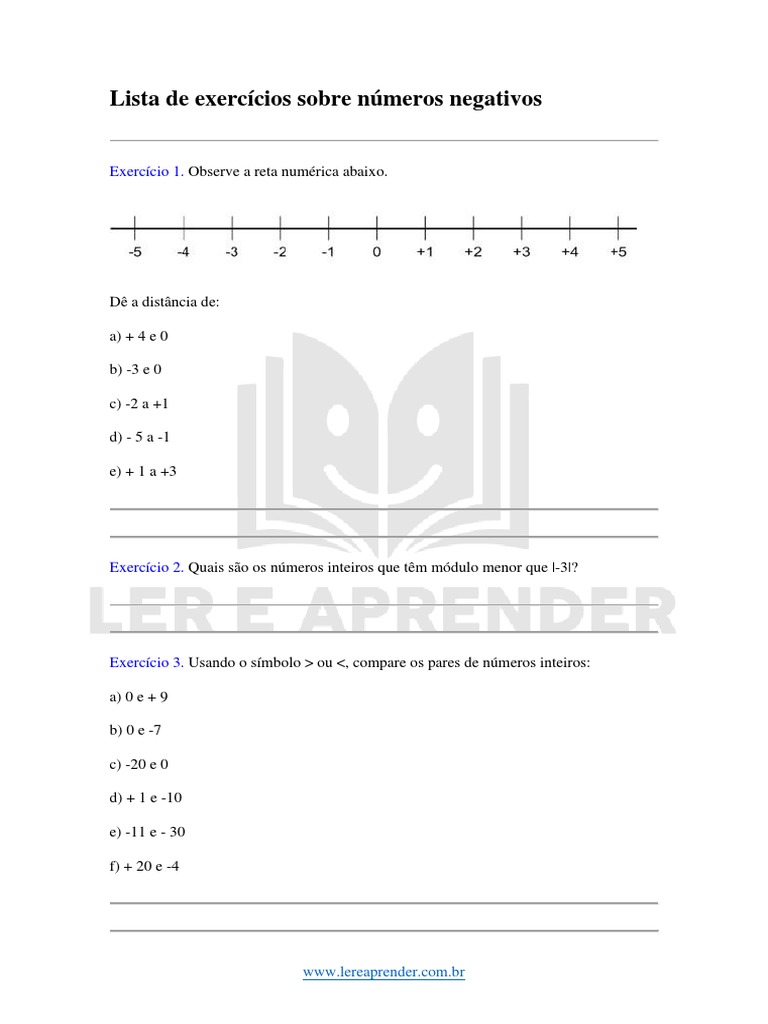 Exercícios sobre Números Negativos 7º Ano | PDF