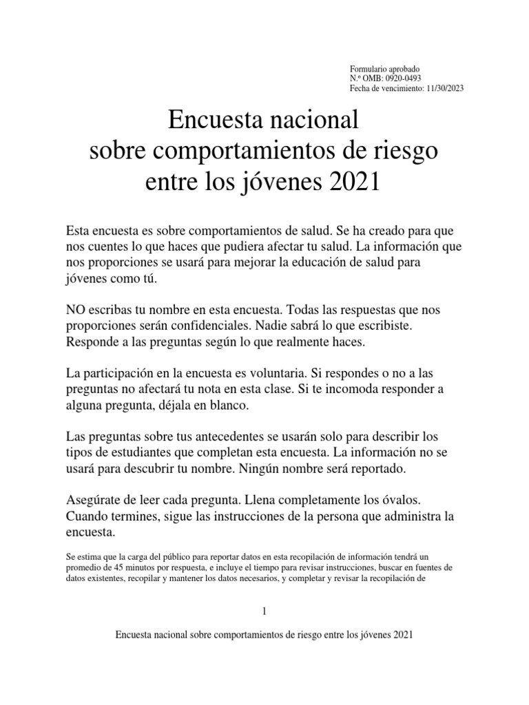 2021 YRBS National HS QuestionnaireSpanish PDF PDF Control de la