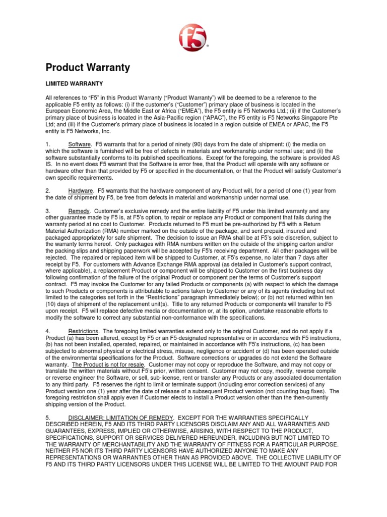F5 Product Warranty PDF Receipt Civil Law (Legal System)