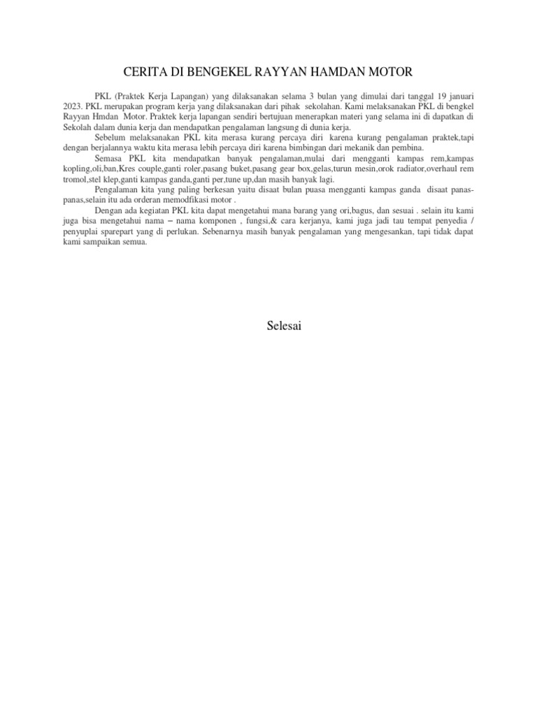 Pengalaman PKL di Rayyan Hamdan Motor | PDF