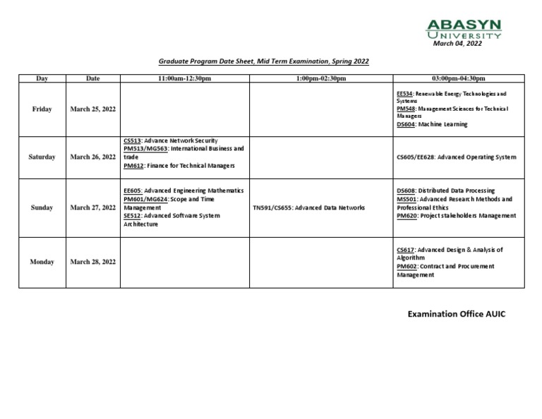Graduate Program Date Sheet Midterm Spring 2022 | Descargar gratis PDF ...