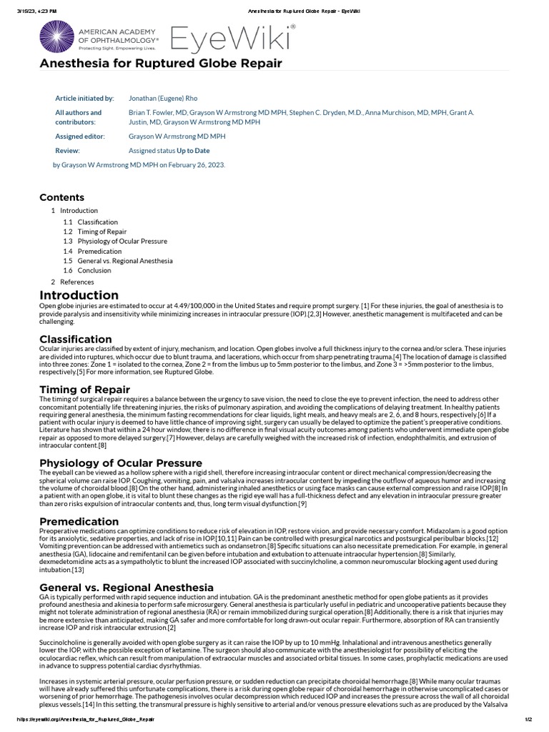 Anesthesia For Ruptured Globe Repair American Academy of