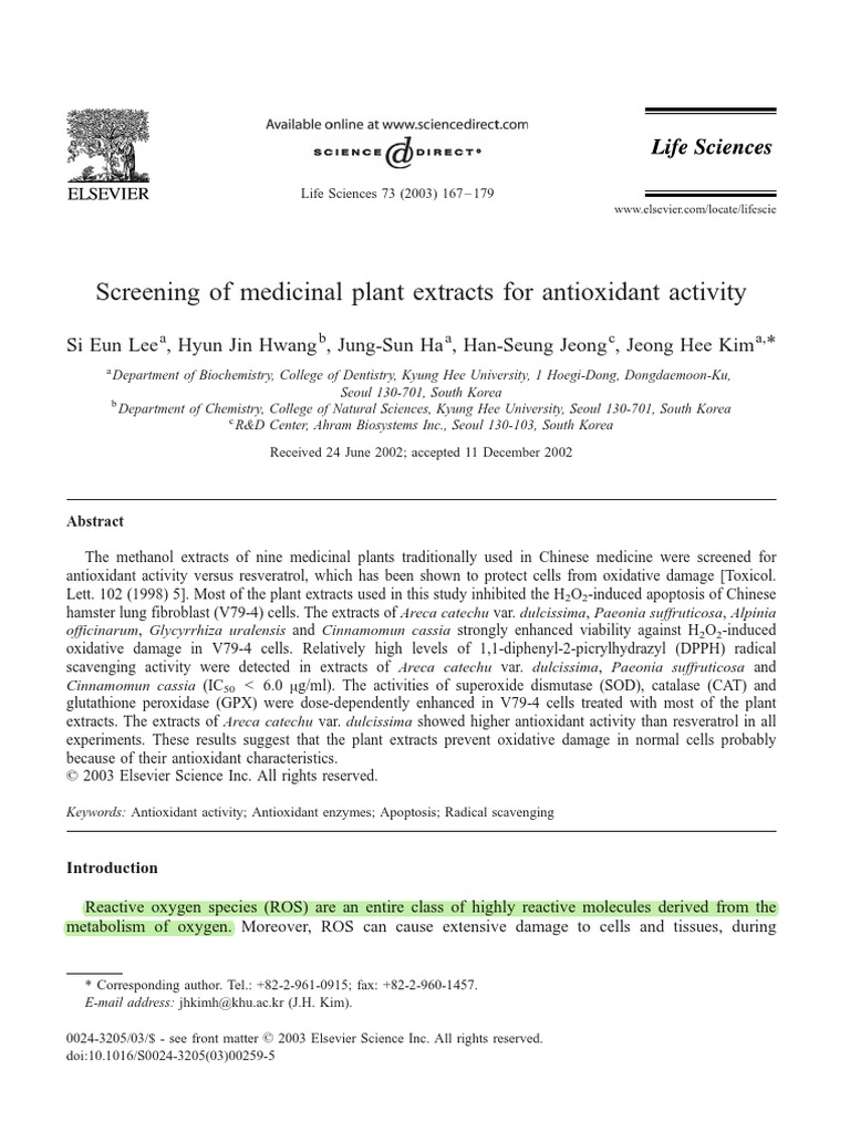 Screening of Medicinal Plant Extracts PDF Antioxidant Superoxide Dismutase