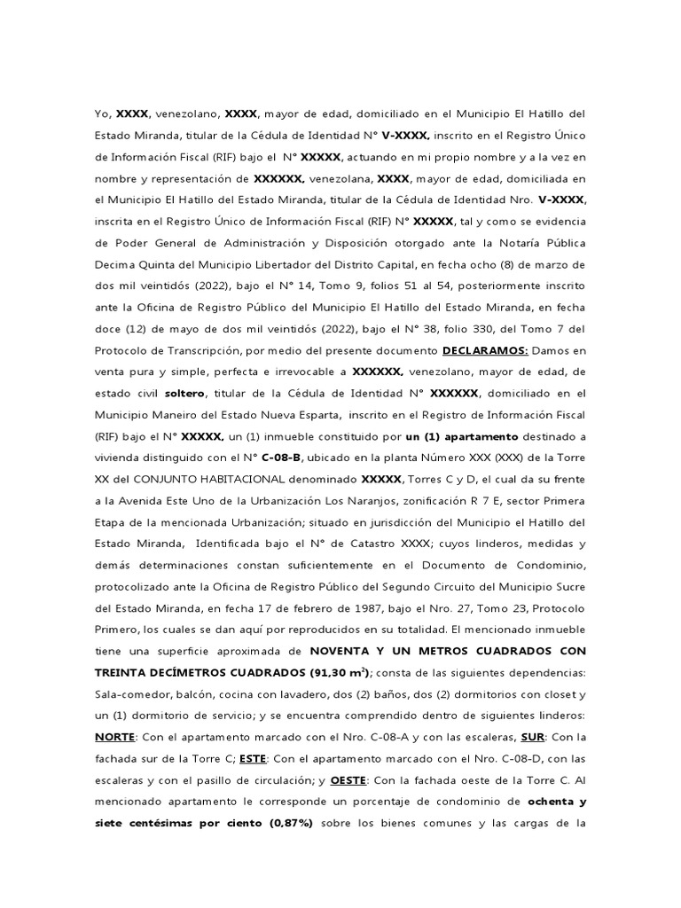 Documento De Venta Apartamento Pdf