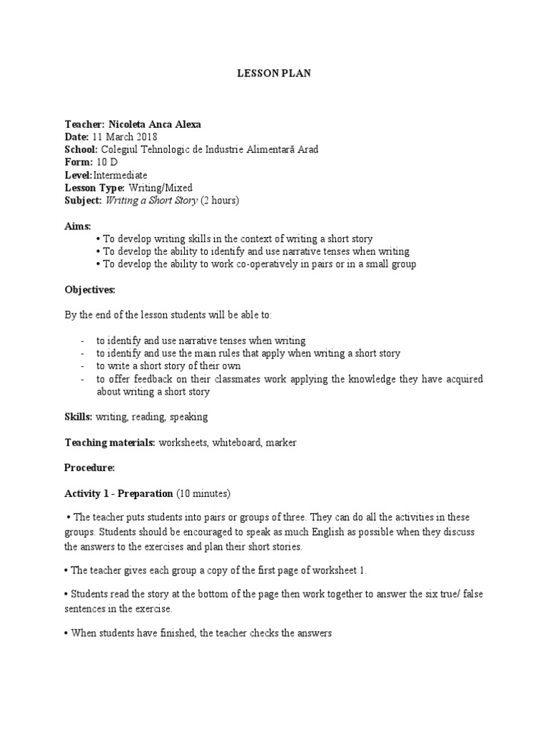 Writing A Short Story Lesson Plan 11B | PDF | Lesson Plan | Teachers