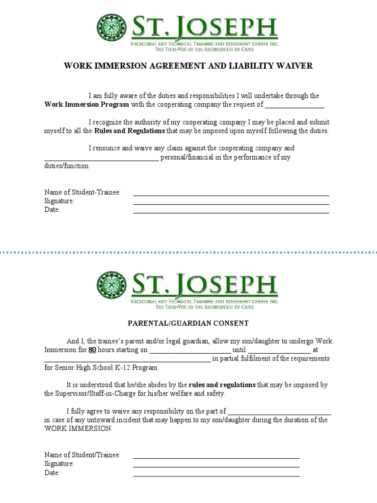 Work Immersion Agreement & Waiver | PDF | Career & Growth
