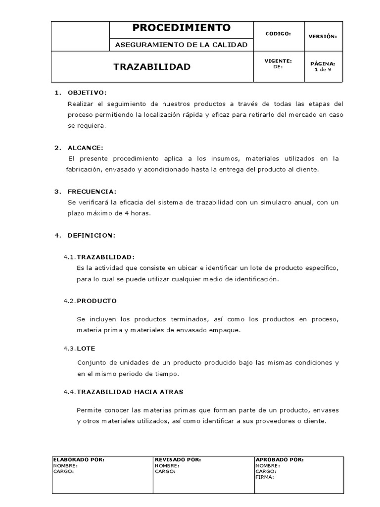 Procedimiento de Trazabilidad de Productos | PDF | Calidad (comercial ...