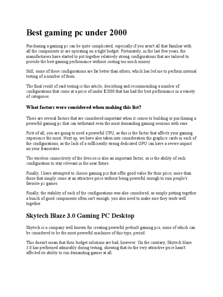 Best Gaming Pcs Under 2000 PDF Personal Computers Graphics