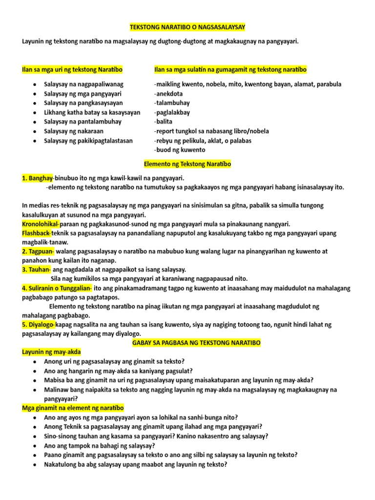 TEKSTONG NARATIBO O NAGSASALAYSAY-hand Outs | PDF