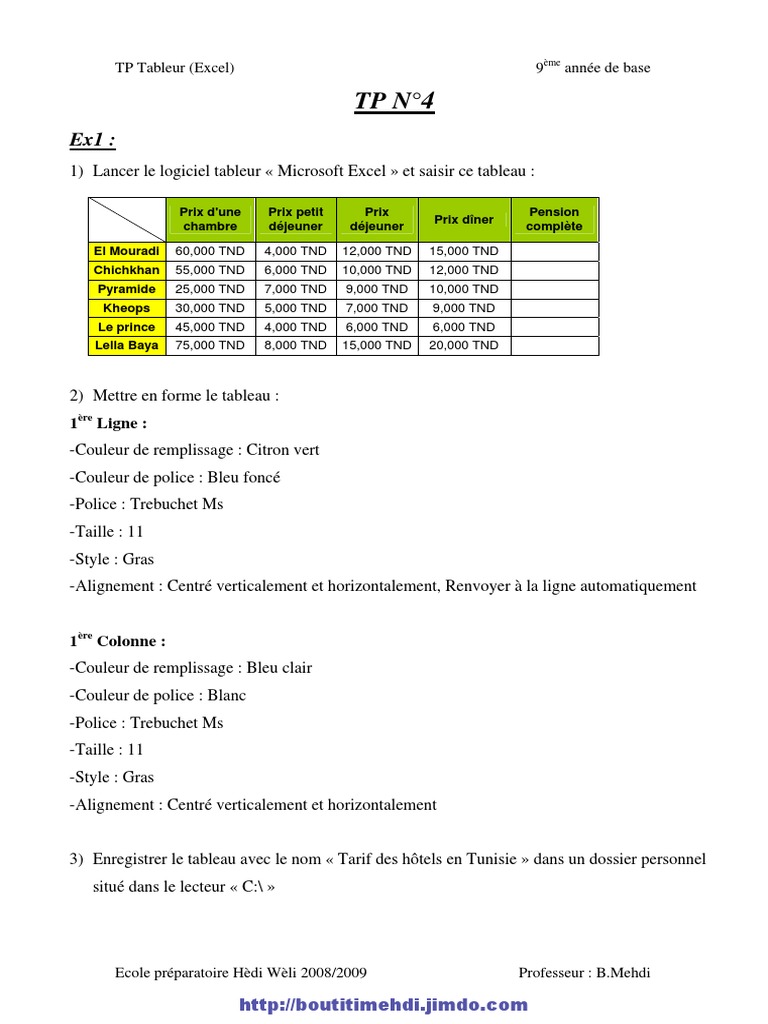 TP Excel : Tarifs Hôtels Tunisie 9ème | PDF | Application | Informatique