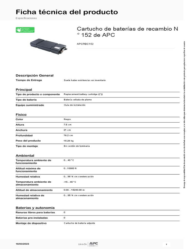 Cartuchos de Baterías de Recambio - APCRBC152 | PDF | Ciencias fisicas