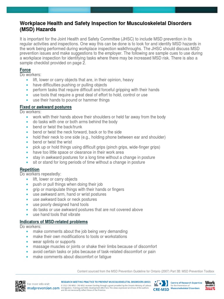 Workplace Inspection For MSD Hazards Checklist PDF Musculoskeletal