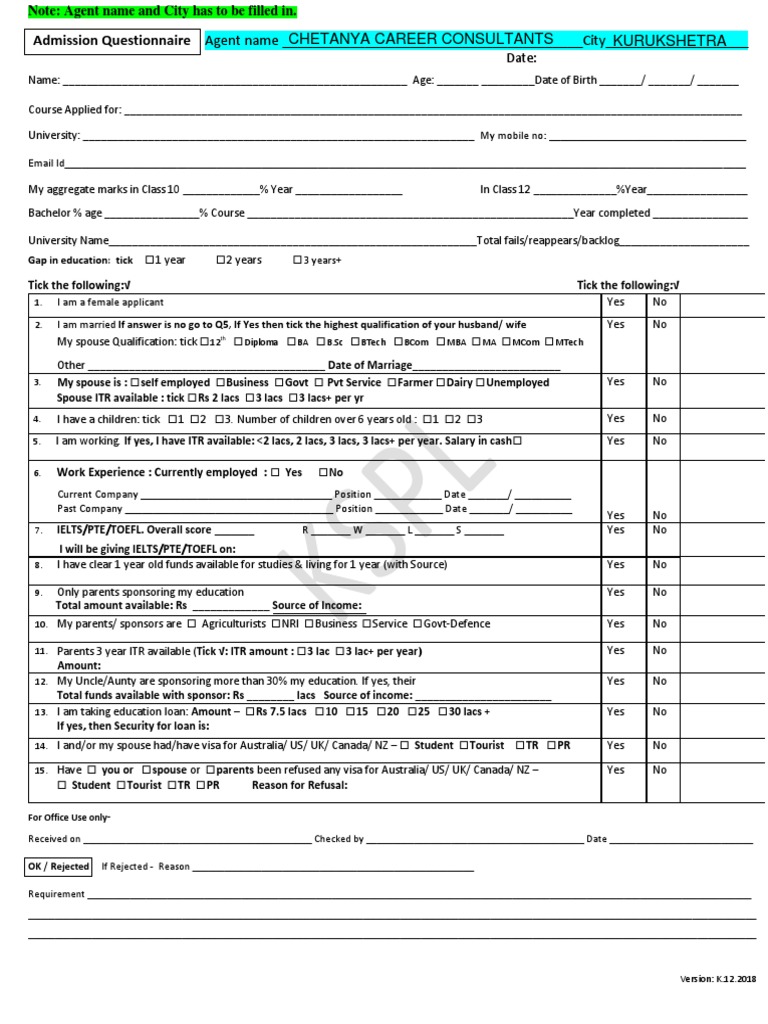 Admission Questionnaire PDF Qualifications