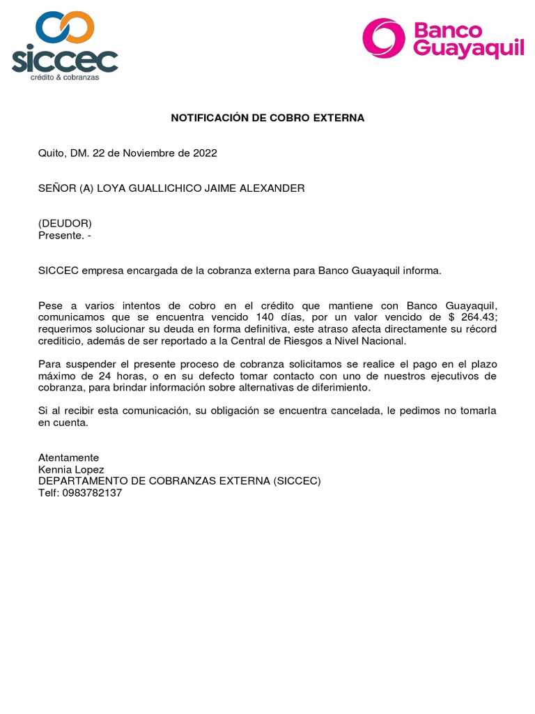 Notificación De Deuda Vencida De 264 43 Con Banco Guayaquil Y