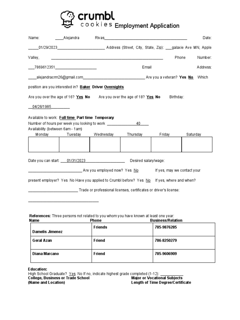 Crumbl Application PDF Labor Business
