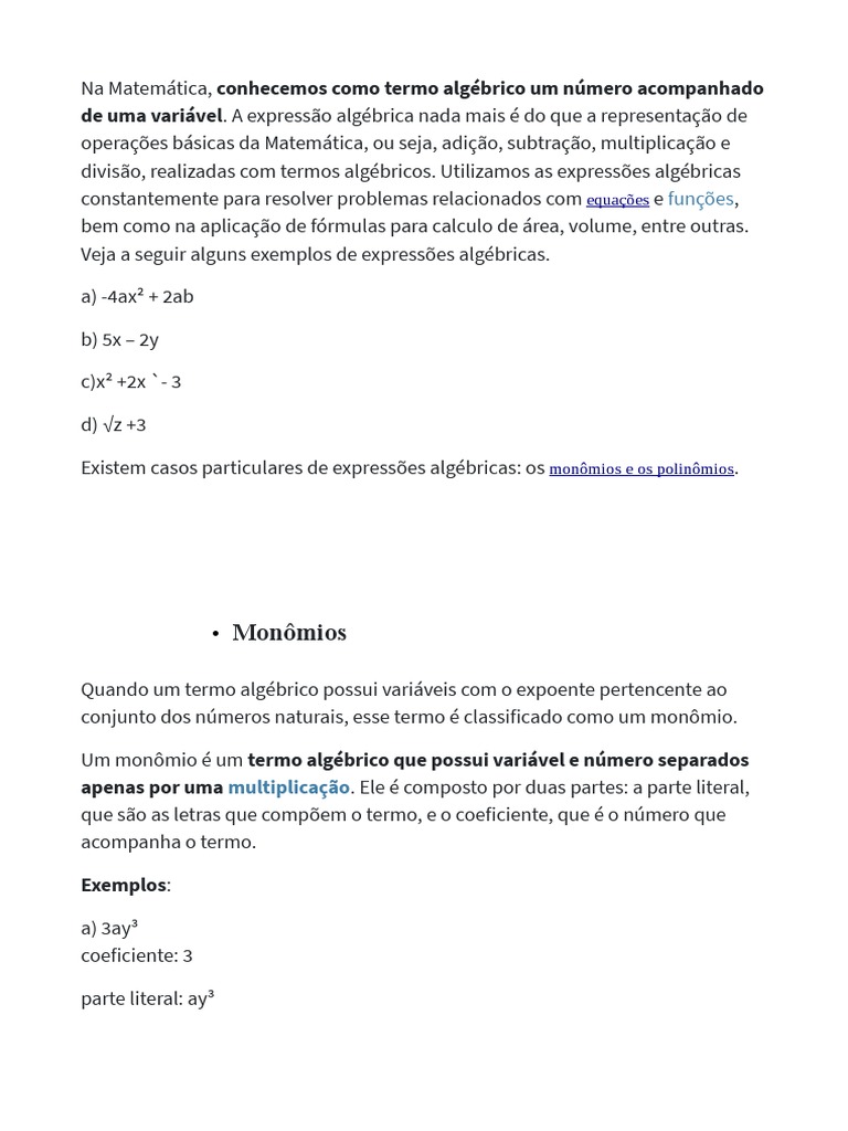 Expressões Algébricas Operações E Simplificação Pdf Números