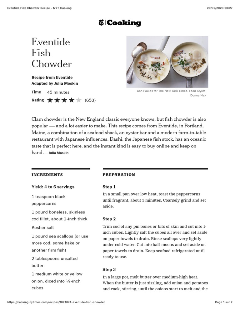 Eventide Fish Chowder Recipe NYT Cooking PDF Foods Cuisine