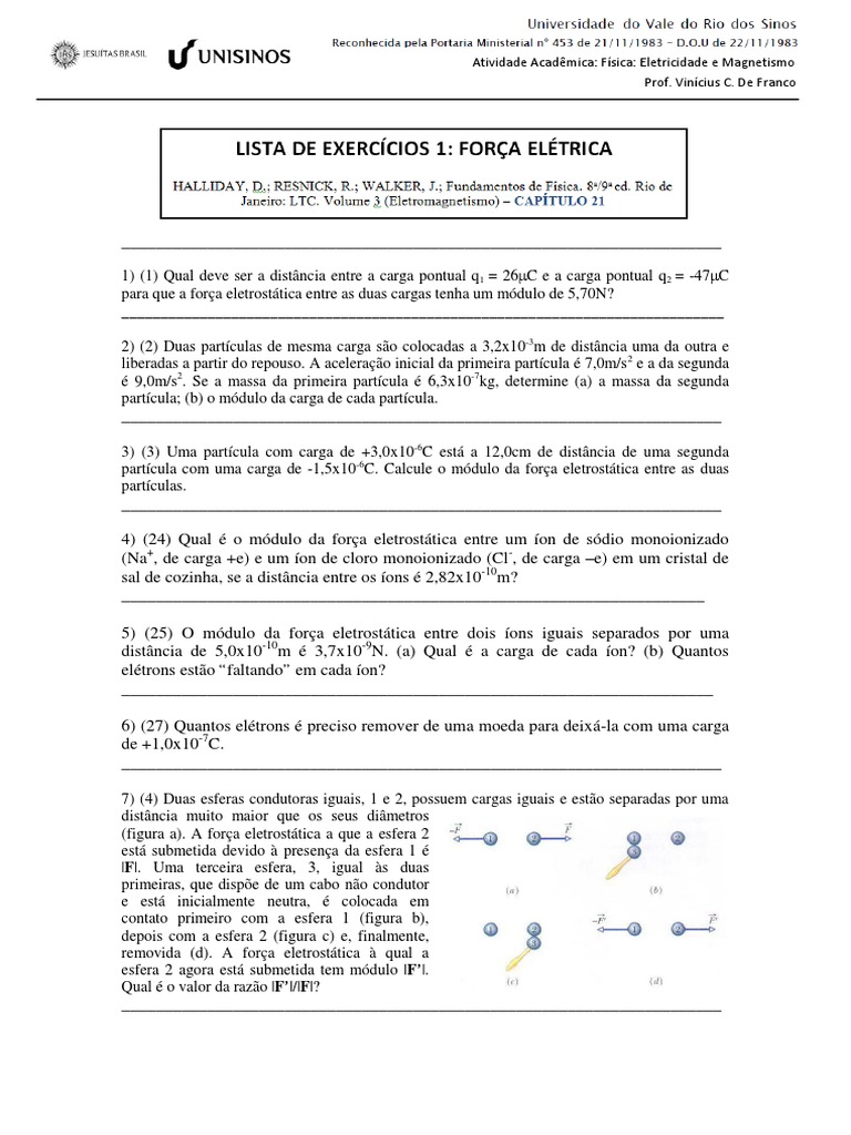 Lista de Exercícios 1 (Força Elétrica) | PDF | Eletrostática | Natureza