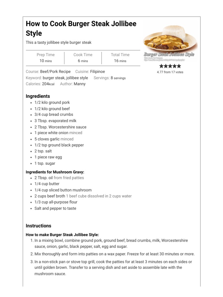 How To Cook Burger Steak Jollibee Style Panlasang Pinoy Meaty Recipes