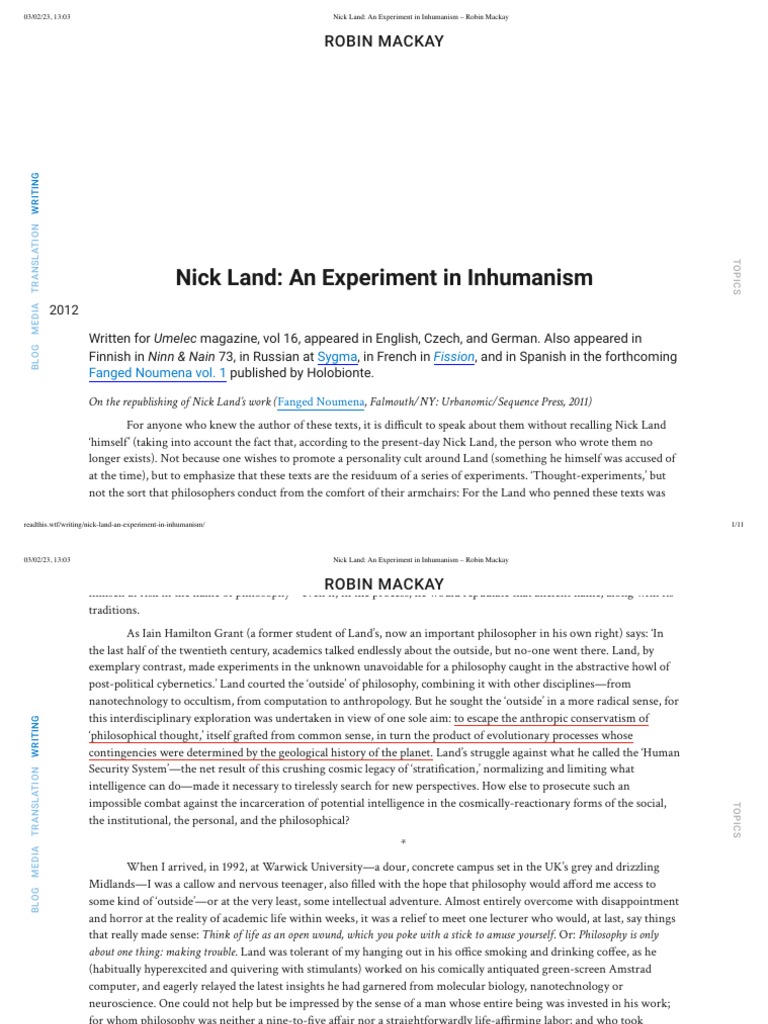 Nick Land - An Experiment in Inhumanism - Robin Mackay | PDF