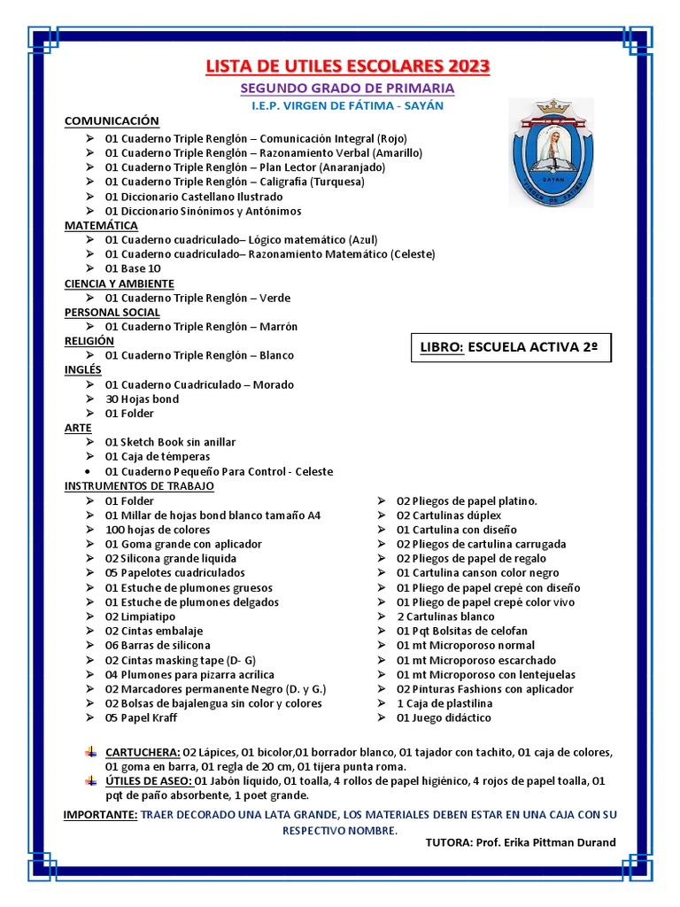 Lista de Útiles Escolares 2023 - 2° Grado | PDF | Percepción visual ...