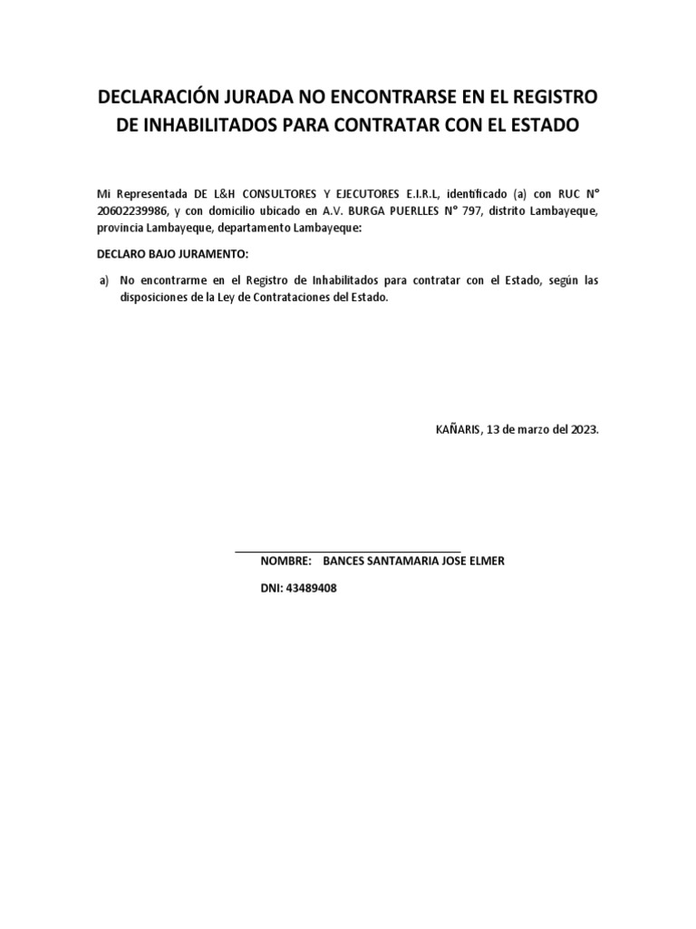 Declaración Jurada No Encontrarse en El Registro de Inhabilitados Per ...