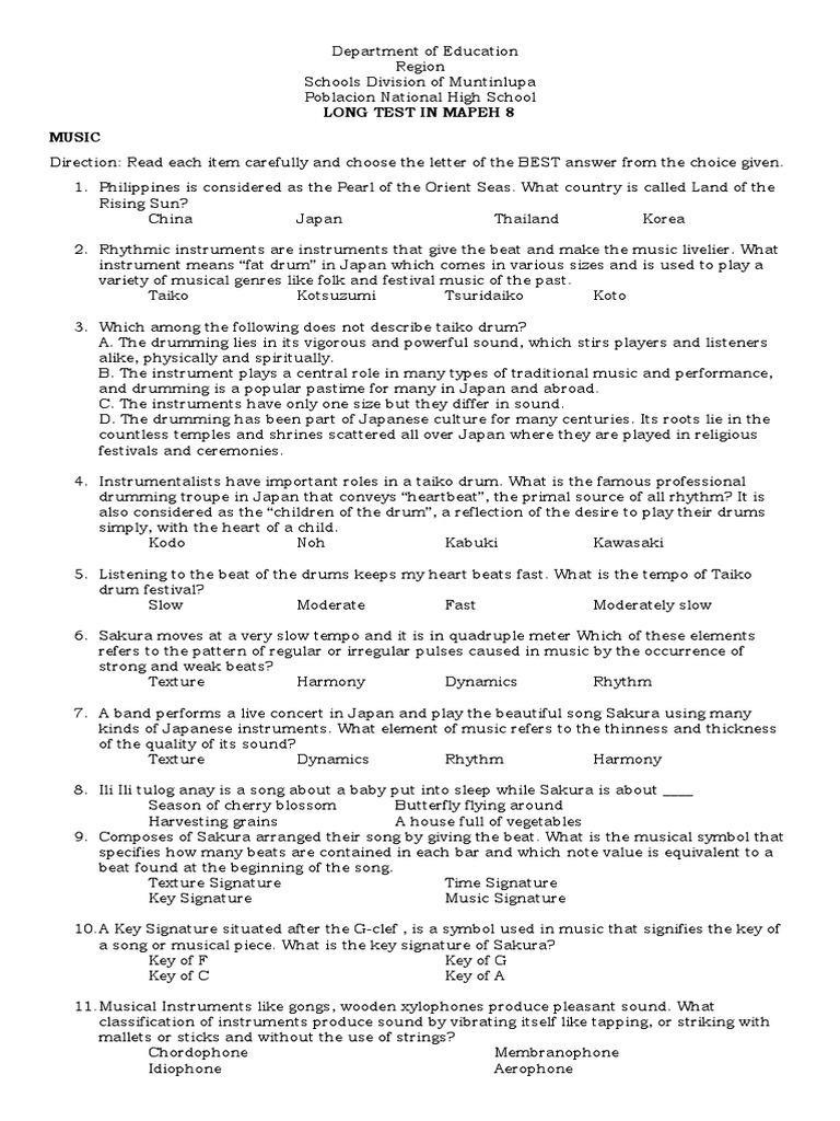 MAPEH 8 Long Test: Music & Arts | PDF