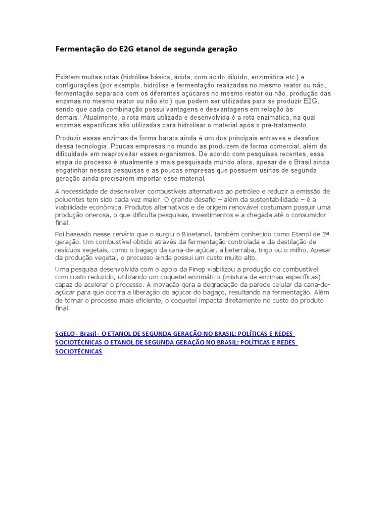 Fermentação Do E2G Etanol de Segunda Geração | PDF