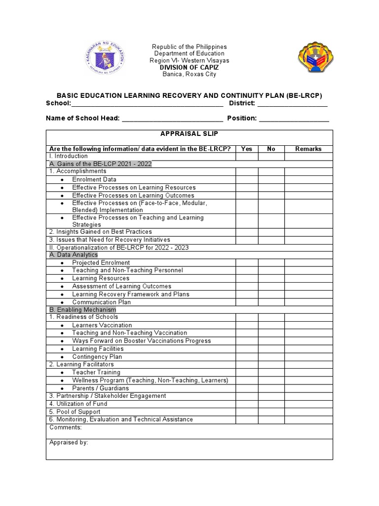 BE-LRCP Assessment Slip Template | PDF | Career & Growth | Business