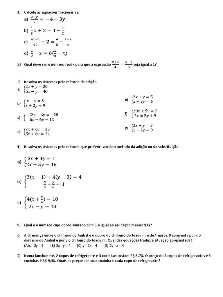 Tarefa e Exercício de Sistemas de Equações Do Primeiro Grau | PDF ...