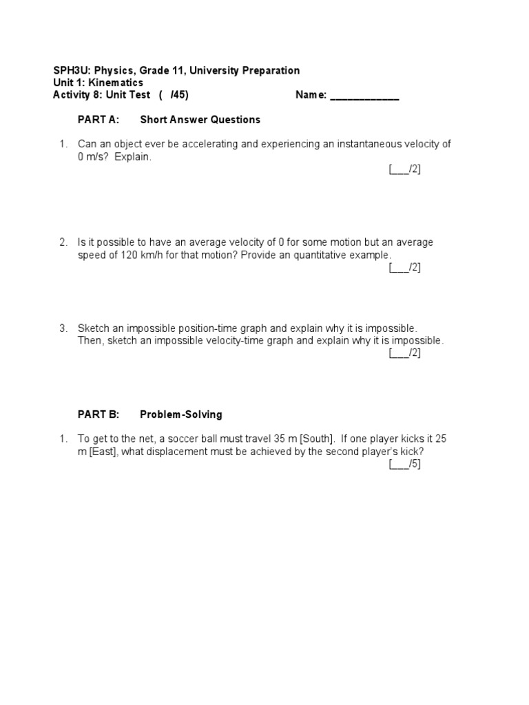 SPH3U Kinematics Unit Test | PDF | Acceleration | Velocity