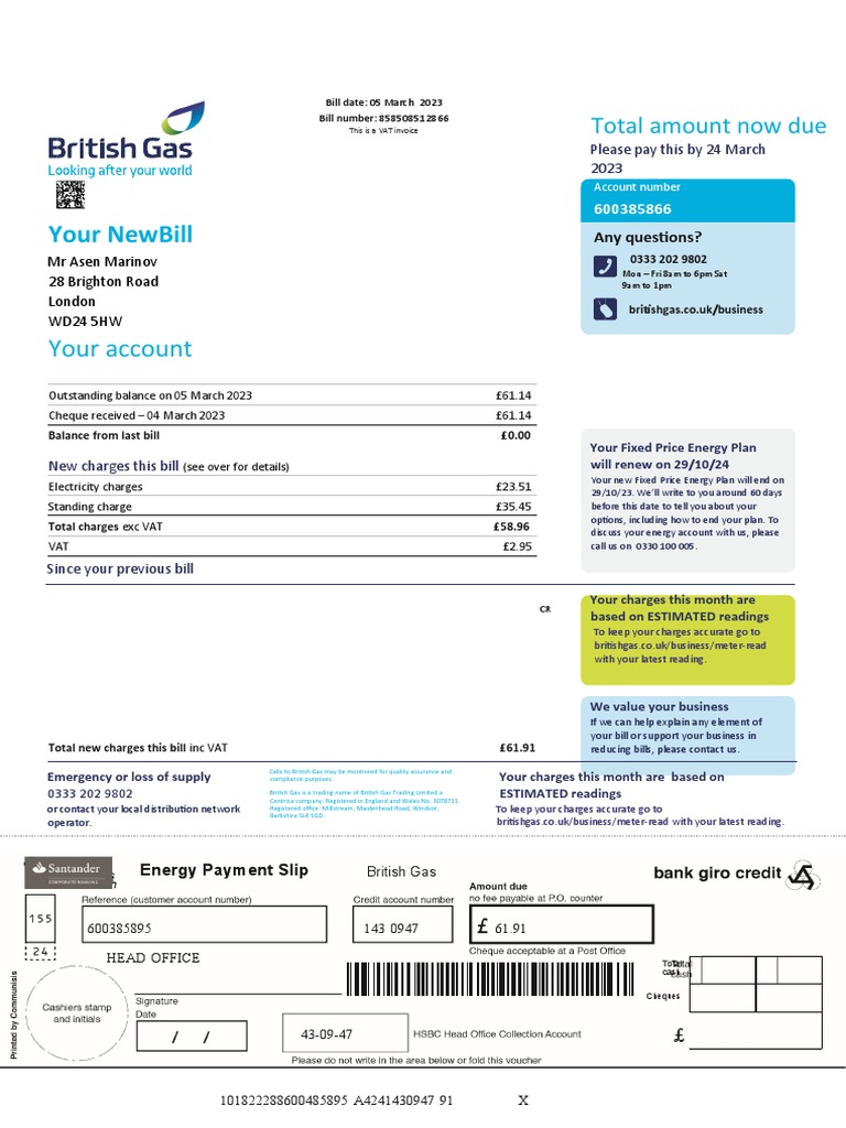 British Gas Example PDF Cheque Debit Card