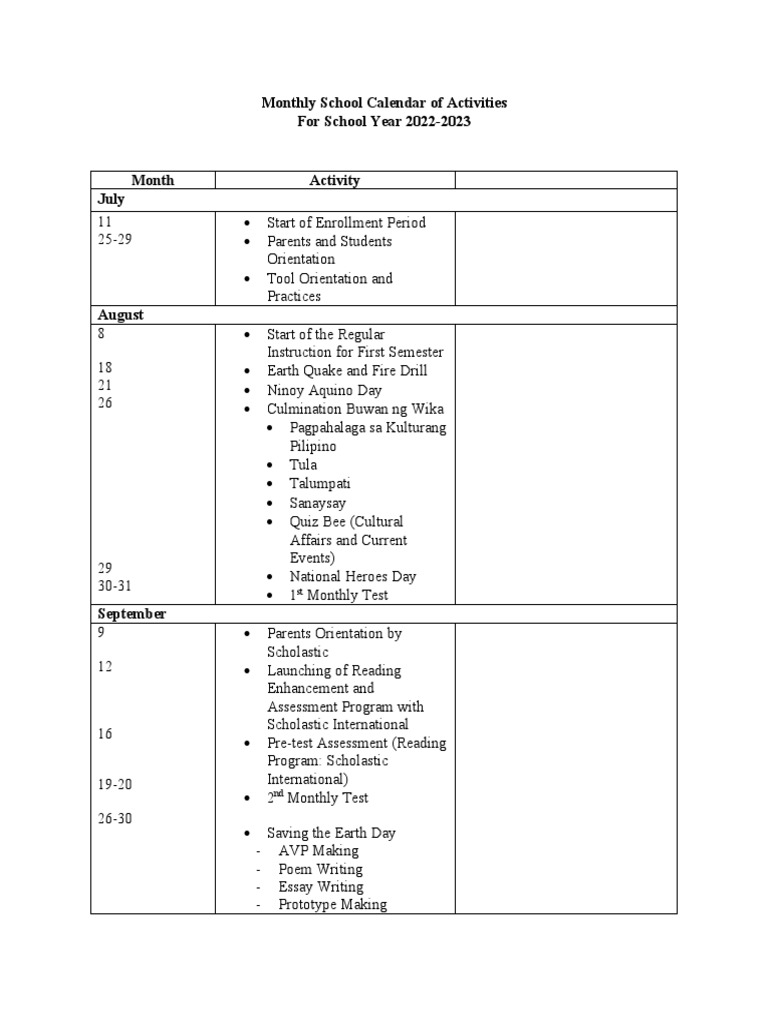 Monthly School Calendar of Activities PDF Observances