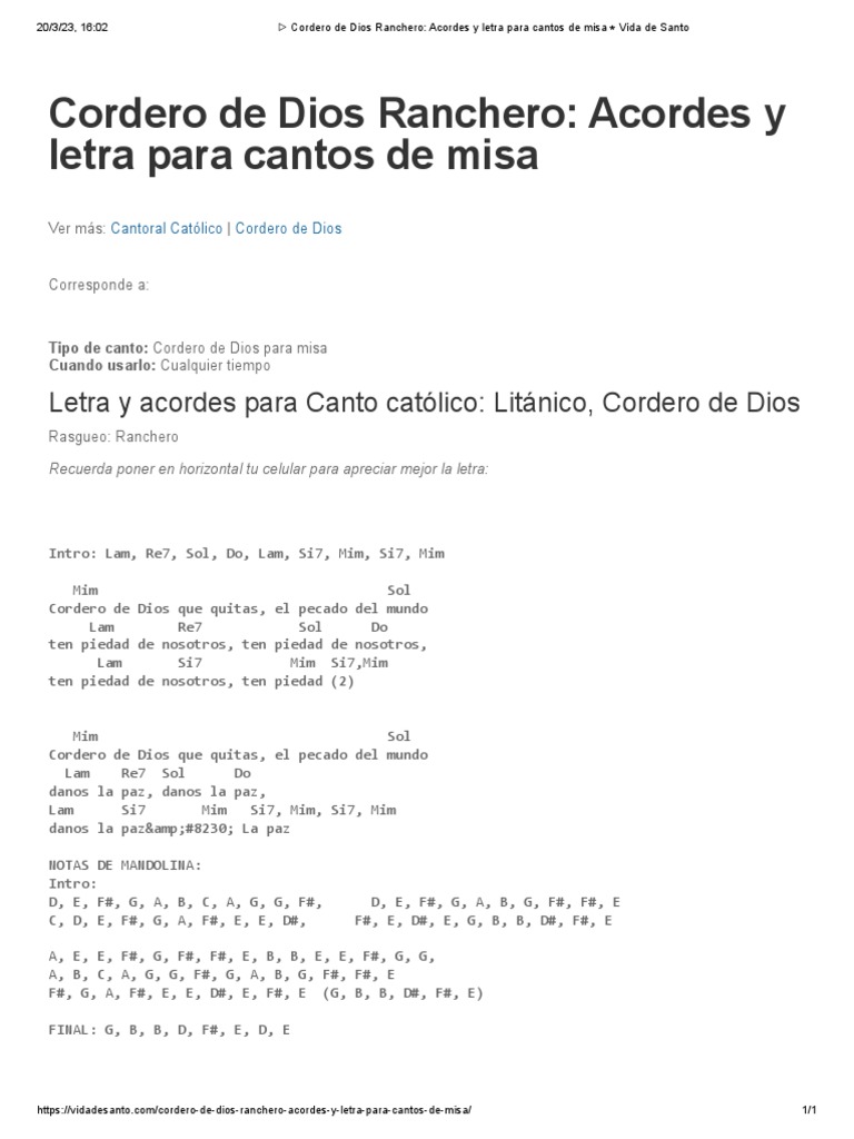 Cordero de Dios Ranchero - Acordes y Letra para Cantos de Misa Vida de ...