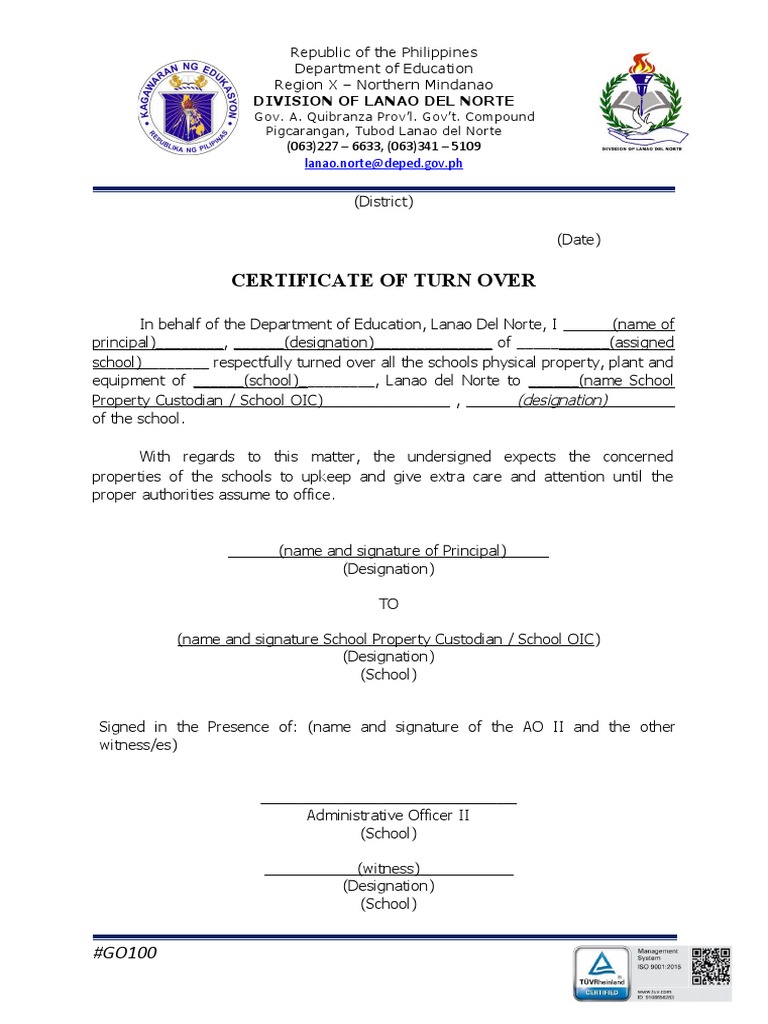 Certificate of Turnover of School Property | PDF