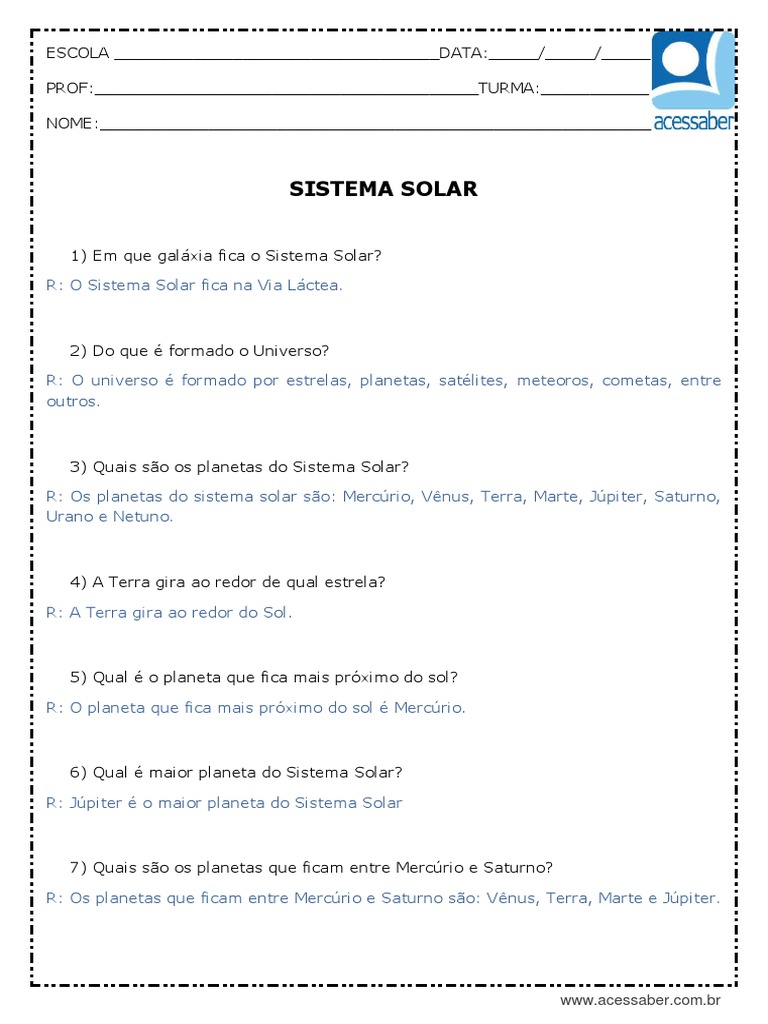 Atividade De Ciencias Sistema Solar 3 Ano E 4 Ano Respostas Pdf